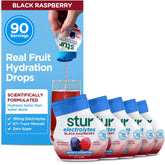 Stur Black Raspberry front packaging showing five bottles and benefits