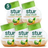 Stur coconut pineapple front packaging showing five bottles and benefits
