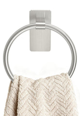STWWO brushed nickel front view showing sleek towel ring and finish benefit