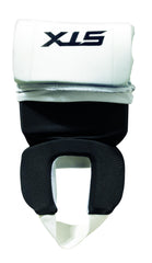 STX shin shield worn on lower leg during field hockey play demonstrating secure fit and comfortable mobility