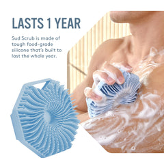 Sud Scrub held wet in hand showing easy control and reduced drops benefit