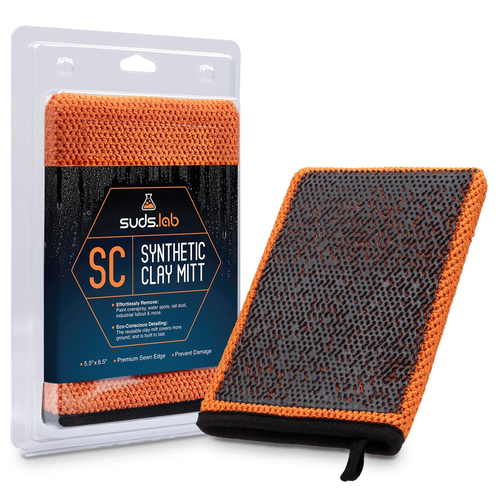 suds.lab front view of mitt showing packaging and product benefits