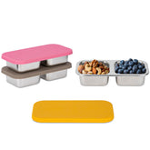 SUMERX front view of three-pack stainless steel snack containers showing compact set and durability