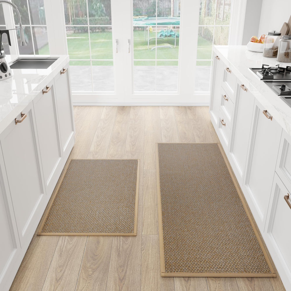 SUMLANS front view of brown 2-piece kitchen mat set protecting floor