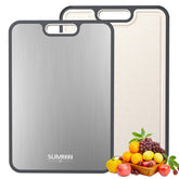 Sumzzz front view cutting board showing large surface and built-in groove for tidy prep