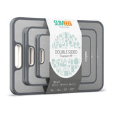 Sumzzz titanium cutting board front packaging highlighting set and sizes, durable gift-ready