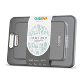 Sumzzz titanium cutting board front view showing reversible design and clean look