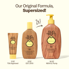 Sun Bum 16 oz bottle next to common items to show generous size