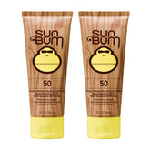 Sun Bum front packaging showing SPF 50 and travel-friendly two-pack benefit