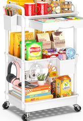 SUNALLY front view of white 3-tier cart showing tidy storage and easy access