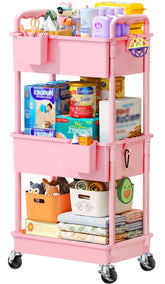 SUNALLY front view of pink 3-tier diaper cart showing organized storage benefit