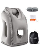 Sunany front view of gray inflatable travel pillow showing shape and color for comfortable support