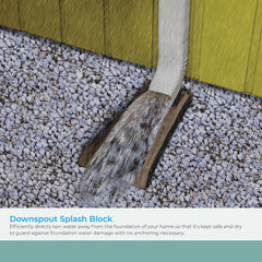 Suncast splash block installed under downspout directing water away to protect foundation