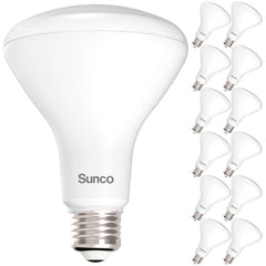 Sunco BR30 front packaging showing 12-pack and warm white benefit