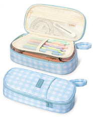 SUNEE blue checkered pencil case front view showing cute design and storage