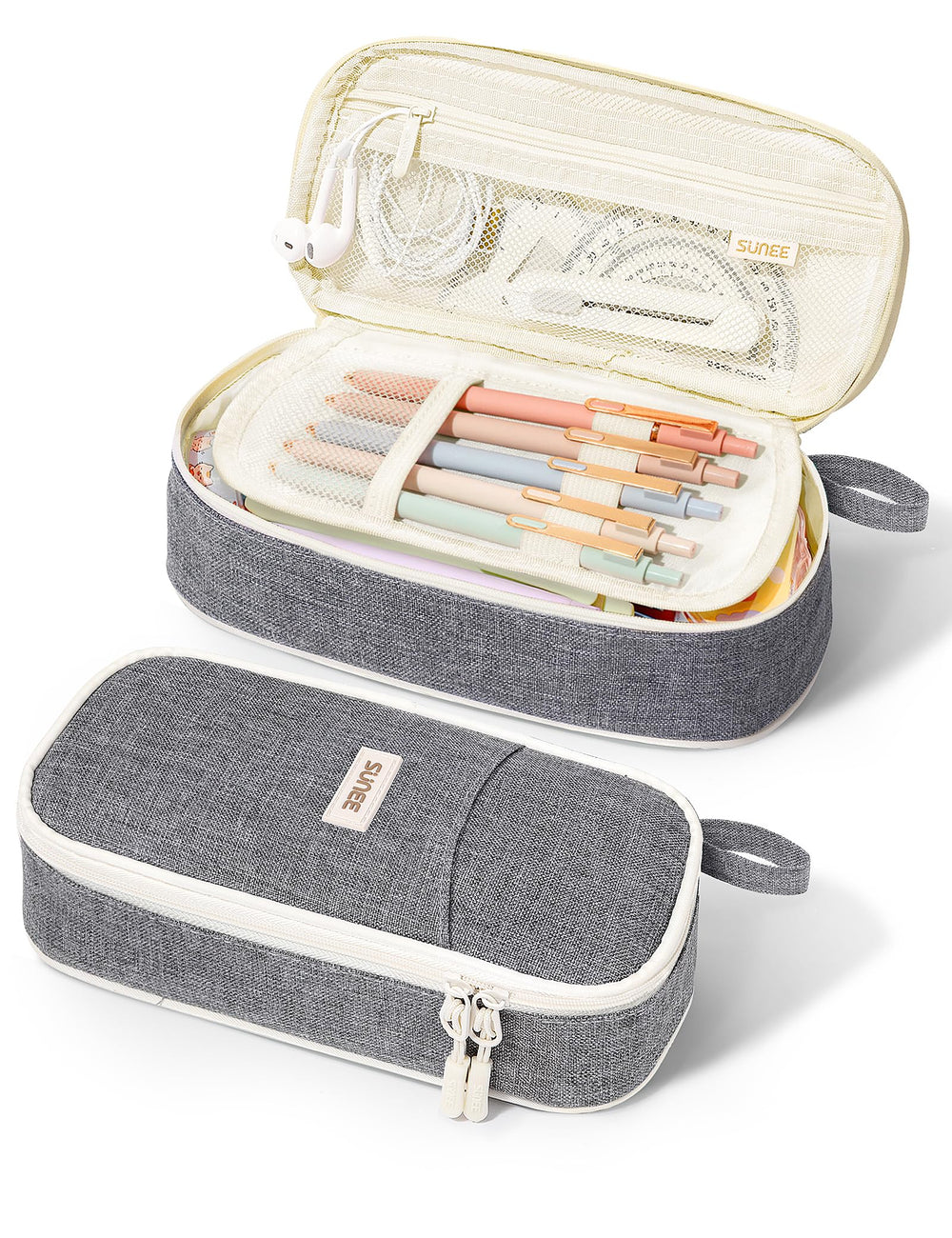 SUNEE front view of gray pencil case showing kawaii aesthetic and neat storage