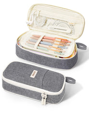 SUNEE front view of gray pencil case showing kawaii aesthetic and neat storage