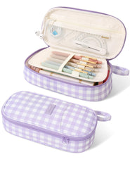 SUNEE front view of purple checkered pencil case showing pattern and shape for stylish storage