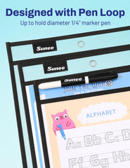 SUNEE pocket with worksheet insert illustrating easy paper insertion and reuse