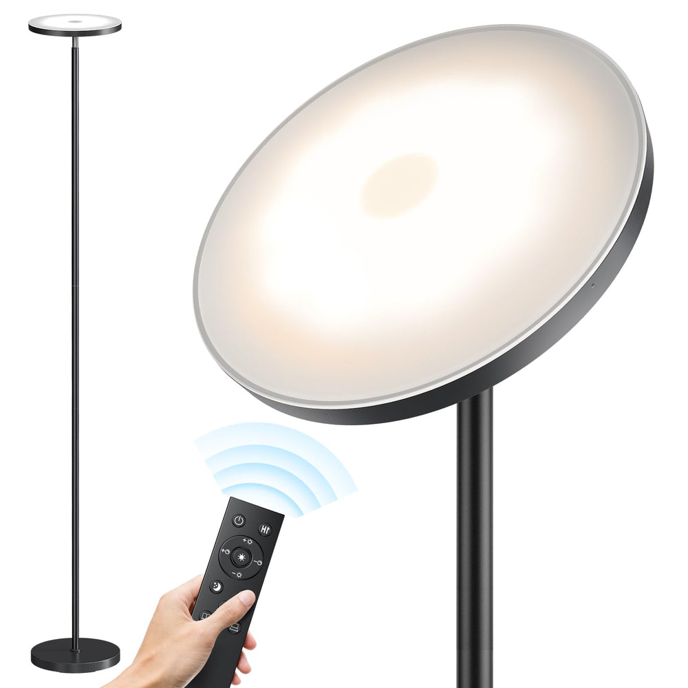 SUNMORY floor lamp front view showing slim profile and bright output
