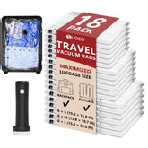 SUOCO front packaging of 18 clear travel vacuum bags showing contents and pump benefit: organized packing