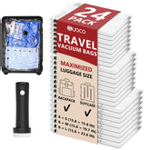 SUOCO front packaging of 24 clear travel vacuum bags showing included pump and sizes for easy identification and packing
