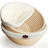Superbaking banneton front packaging showing set of two baskets and eco box benefit