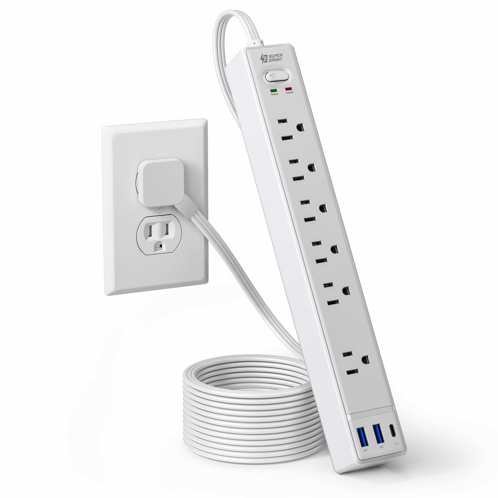 SUPERDANNY front view of power strip showing six outlets and USB ports for versatile charging