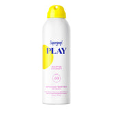 Supergoop! front packaging of PLAY Antioxidant Body Mist showing SPF 50 and whipped coconut scent for reliable protection