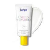 Supergoop! front tube of Unseen Sunscreen showing clear packaging and SPF 50 benefit