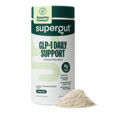 Supergut front pouch showing branding and 20 servings, highlights convenience