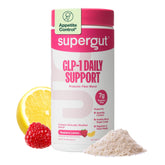 Supergut front packaging showing raspberry lemon flavor and 18 servings, highlights convenience