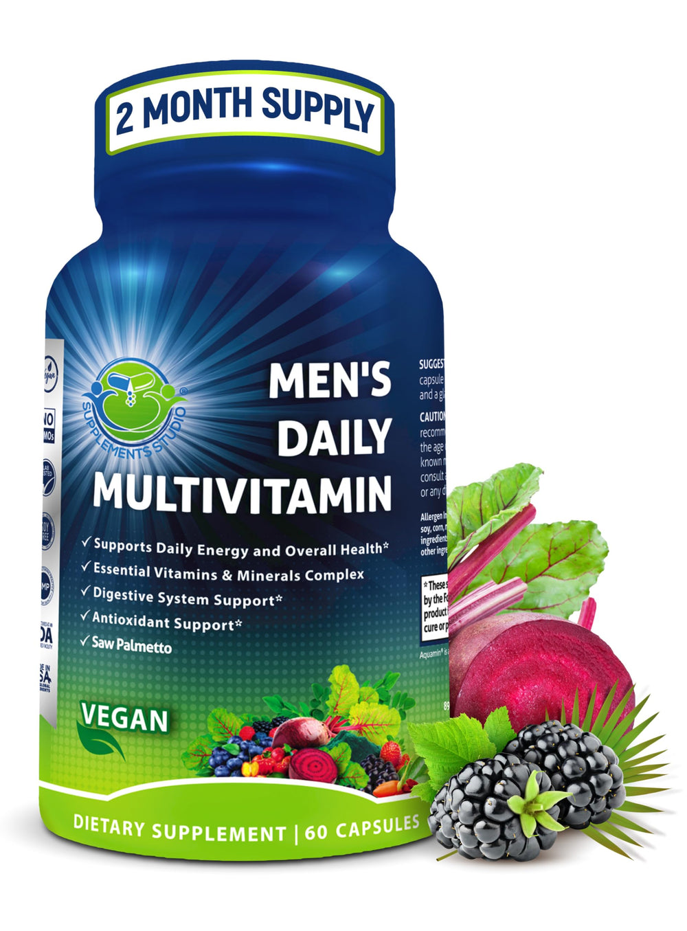 SUPPLEMENTS STUDIO front bottle view showing vegan methylated multivitamin benefit of full daily nutrition