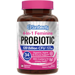 Surebounty front packaging showing 4‑in‑1 probiotic benefits