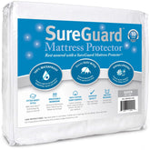 SureGuard front packaging for queen mattress protector showing brand and benefits