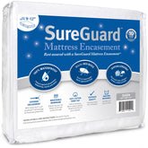 SureGuard front packaging showing product size and benefits for mattress protection