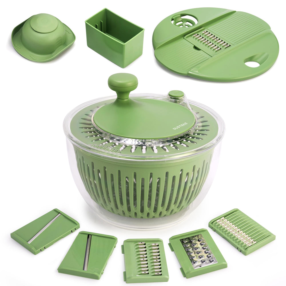 SUSTEAS salad spinner front view showing bowl and lid for quick prep