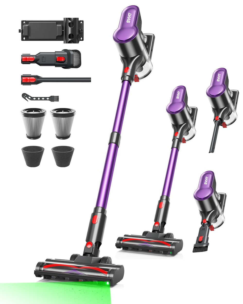 SVHT front view stick vacuum showing sleek design and powerful cleaning