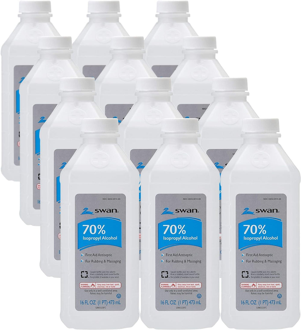 Swan front packaging of twelve 16oz bottles showing storage convenience and value