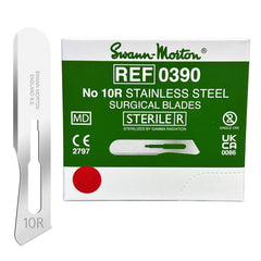 Swann-Morton front packaging showing box of 100 blades and professional reliability