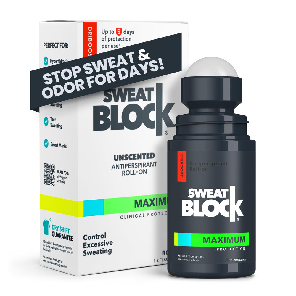 SweatBlock roll-on front packaging showing 1.2oz bottle and brand benefit