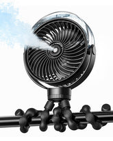 SWEETFULL front view of black misting stroller fan showing compact profile and portability benefit