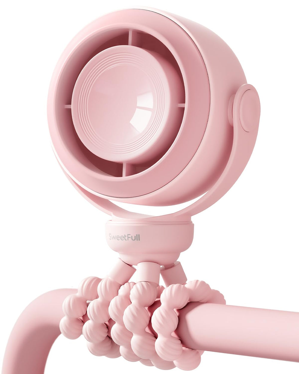 SWEETFULL front view pink portable fan showing compact safe housing and airflow benefit