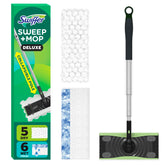 Swiffer Mop & Go Deluxe front packaging showing kit contents and benefits