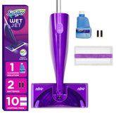 Swiffer WetJet power mop front showing ergonomic handle and spray head, easy reach benefit