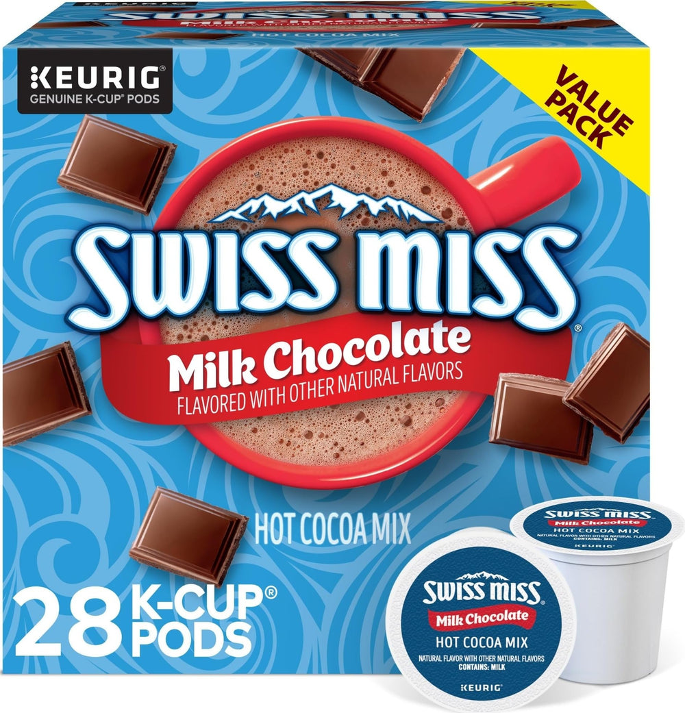 Swiss Miss front packaging showing 28-count K-Cup pods and benefits