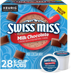 Swiss Miss front packaging showing 28-count K-Cup pods and benefits