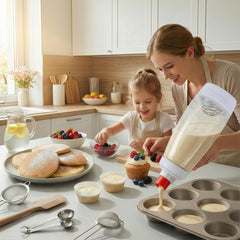 sykexonm bottle pouring pancake batter onto griddle for precise round pancakes
