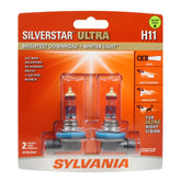 SYLVANIA H11 SilverStar Ultra front view showing bright white headlight upgrade benefit