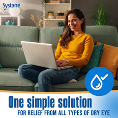 Systane COMPLETE clear drop on fingertip demonstrating smooth lubricant texture